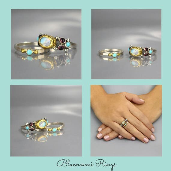 Stacking gold and siver gemstones rings