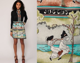 Boho Dress DANCING WOMEN 70s Mini Mod Novelty Print 1970s Choker Black High Waisted Retro Vintage Long Sleeve Bohemian Medium