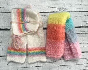 Limited time Sale! Rainbow Baby Photo Prop You choose either Wrap, Headband, bonnet, pants or complete set. Ready to ship. Rainbow baby gift