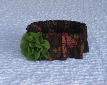 Dog Ruffle Collar, Rust Flowers on Brown Dog Scrunchie Collar - olive eyelet flower - Size M: 14" to 16" neck