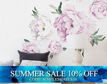 Easter Sale - Peony Flowers Wall Sticker, Vintage Lilac Watercolor Peony Wall Stickers - Peel and Stick Removable Stickers