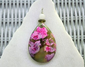 Large Rose and Olive Necklace Pendant Onyx Agate with Genuine Olive Green Sea Glass and White Jade Gemstone Bead Free Shipping B15