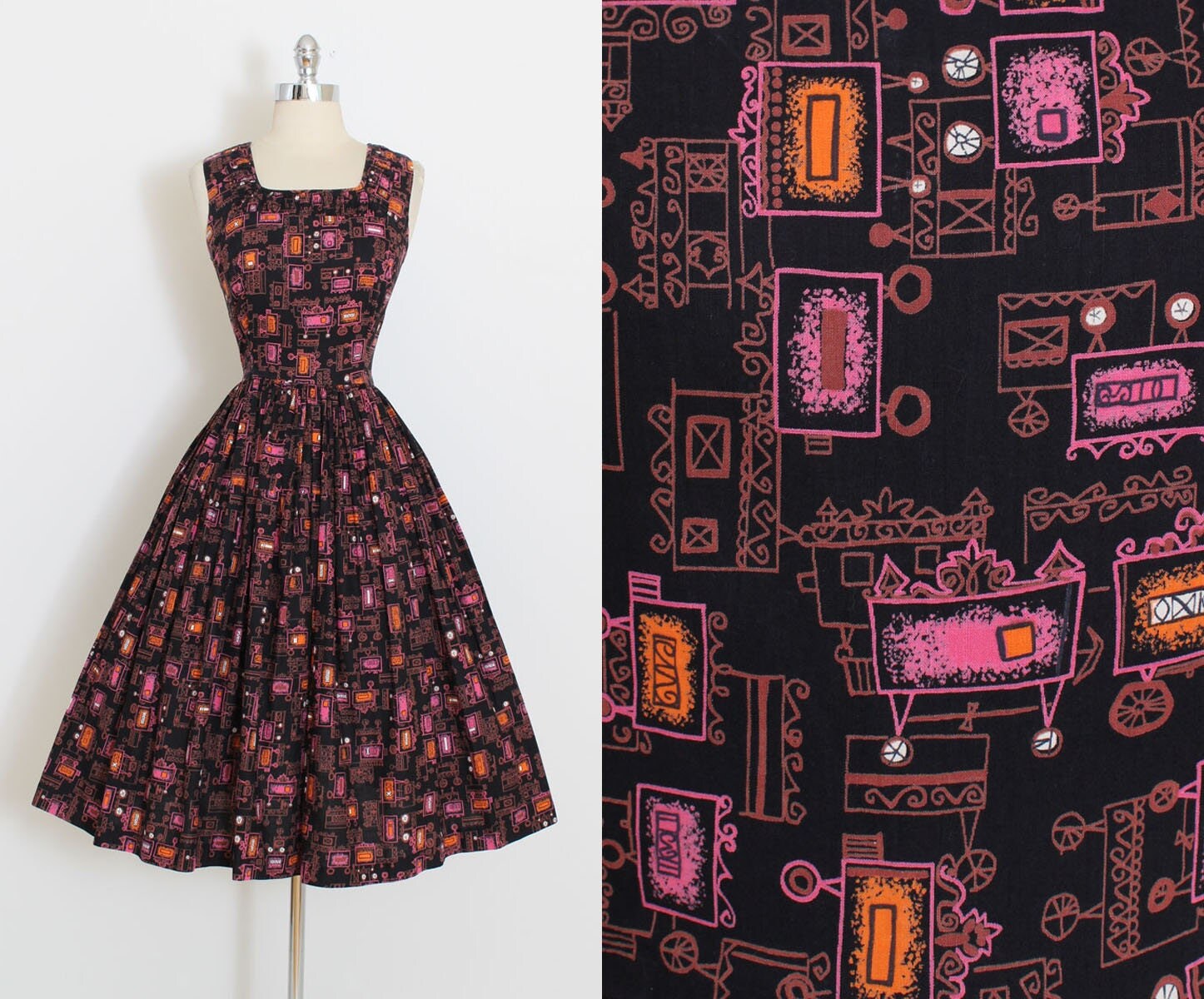 Vintage 50s Dress 1950s wagon print dress novelty print