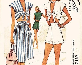 On Sale Vintage 1940s Playsuit Pattern - McCall 6812 - Misses' Three Piece Sports Ensemble - Waist, Skirt and Shorts - SZ 16/Bust 34