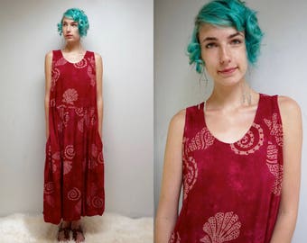 Batik SunDress // 90s Maxi SunDress // Maroon Rayon Dress // LADY SEASIDE