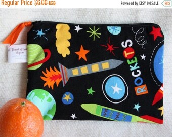 On Sale Zippered Reusable Snack Sack, Half Size - 7.5" x 5"-EcoFriendly, Machine Washable, Space / Rocket motif