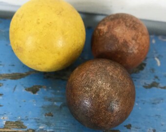 Primitive Wood Balls Antique Wooden Balls Vintage Yellow Ball Vintage Wood Balls Duck Pin Bowling Ball Set of Three