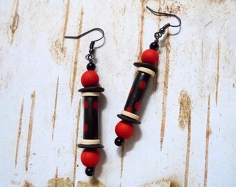 Black, White and Red Spotted Ethnic Boho Earrings (3725)