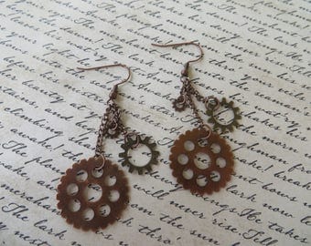 Copper Toned Metal Steampunk Gear And Chain Earrings