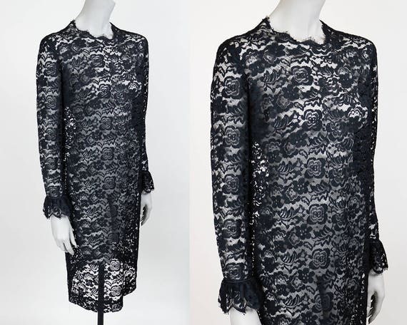 Vintage 60s Dress / 1960s Sheer Black Lace Long Sleeve Shift