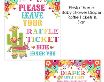 Mexican Fiesta Baby Shower Diaper Raffle Ticket with Colorful Flowers, Piñata, Sombrero, Bring Diapers, Printable File