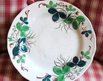 Antique French Majolica Fruitstand STRAWBERRIES GEORGE SAND signed Creil Monterau