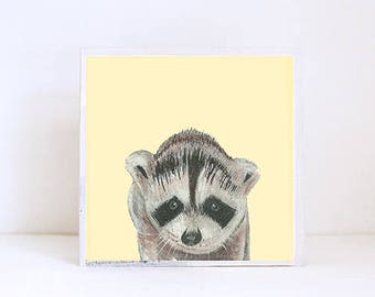 woodland nursery art, forest nursery decor, raccoon wall art- nursery decor- kids room decor- art block- wall art- nusery- redtilestudio