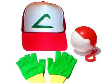 Kids size Pokemon Ash Trainer Hat Gloves and Ball Set Halloween costume