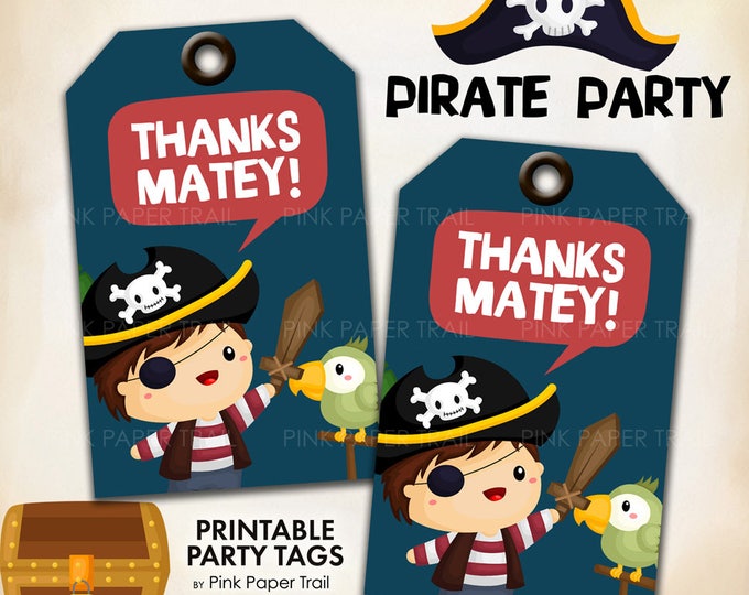 Cute Pirate Party Thank You Tags, Thanks Mateys Printable Party Tags, Pirate Party Favor Tags, Instant Download Print Your Own