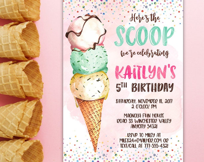 Ice Cream Girl Birthday Invitation, Creamery Sundae Here's the Scoop Ice Cream Party Summer Printable Invitation