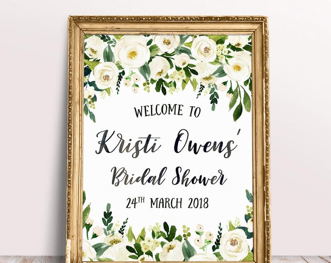 White Floral Welcome Party Sign, Dainty White Roses Floral Baby Shower Bridal Shower Any Occasion Printable Welcome Party Sign