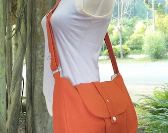 On Sale 20% off orange cotton canvas purse / shoulder bag / messenger bag / everyday bag / diaper bag / cross body bag - 6 pockets