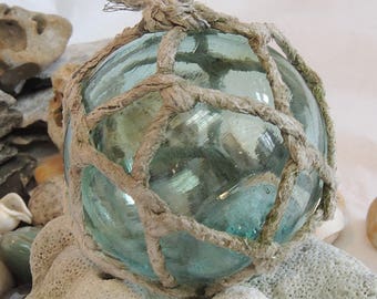 Vintage Japanese GLASS FISHING FLOAT Original Net, Kanji Makers Mark, Moss Green (# 20)