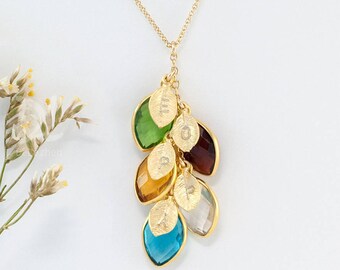 Personalized Birthstone Necklace, Stamped Initial Necklace, Custom Necklace, Family Necklace, Gift for Her, Cascade Necklace, Charm Necklace
