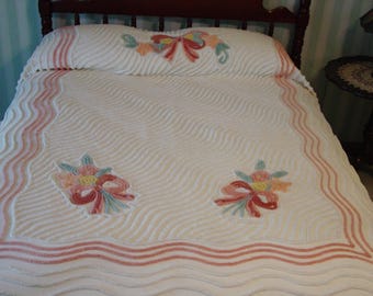 Vintage Chenille Bedspread Fabulous Full Size 90 x 100" Fluffy Ribboned Bouquets