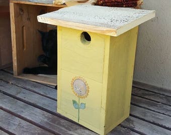 birdhouse,rustic bird house,sunflowers,garden decor,outdoor bird house,gift,cottage,rustic home decor,wooden birdhouse,primitive,handmade