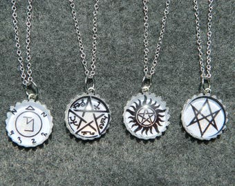 Supernatural Sterling Silver 24" Chain Necklace Anti-Possession Devils Trap Angel Banish Men of Letters Symbol Pendant Supernatural Jewelry