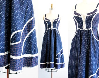 Vintage 1970s Gunne Sax dress . The Holly Hobbie . blue calico prairie dress . 1970s sun dress . Jessica McClintock