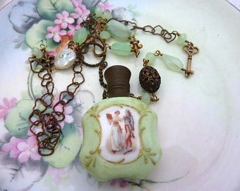 PORCELAIN PERFUME BOTTLE vintage antique assemblage necklace