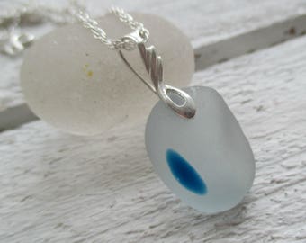 Blue End Of Day Sea Glass Sterling Silver Necklace