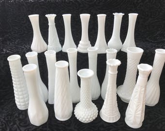Vintage Milk Glass Vases - Set of 20 - Instant Collection for Wedding Decor or Special Event, Tall and Short Bud Vases