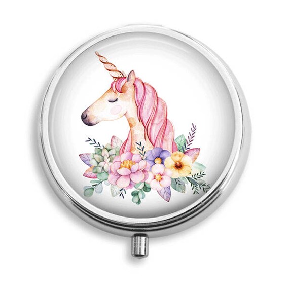 Pill Box Pill Case Unicorn Cameo Watercolor Flowers Pill