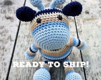 Handmade Crochet Giraffe Toy in Purple or Blue Jumpsuit main image 1