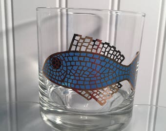 vintage 1960s couroc glasses/on the rocks/vintage barware/old fashioned/midcentury/retro barware/gold glasses/fish glasses