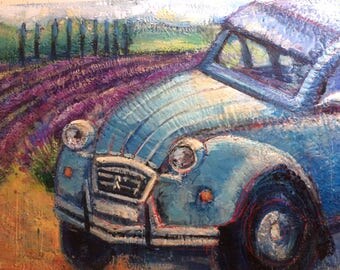 France Provence Lavender Fields French auto Car Deux Chevaux 30x40 Lavande plein air oil painting impressionist expressionist