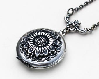 Sunflower Necklace, Sunflower Locket Necklace, Silver Sunflower Locket, Sunflower Jewelry, Sunflower Pendant, Birthday Gift, Bridesmaid Gift