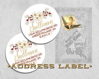 White Christmas Return Address Labels - Gold, Cream, & Red Holiday Floral - 2" Round Sticker, Envelope Seal - Personalized Printed Labels