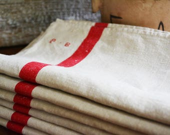 Antique French Linen Tea Towels Monogrammed by hand with initials P B, French Country Decor
