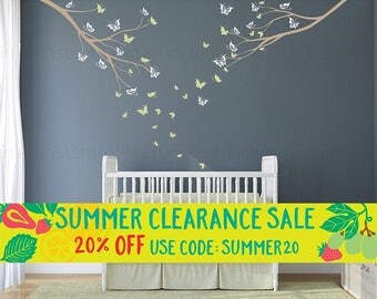 Tree Wall Decal | Two Branches and Butterflies | Custom Baby Nursery, Children's Room, Living Space Interior Design | Easy Application 069