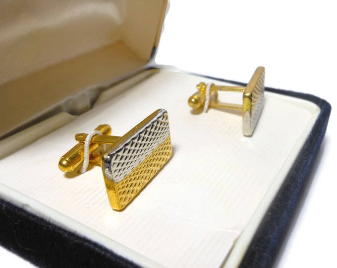 FREE SHIPPING Geoffrey Beene cuff links, gold and silver textured rectangle cufflinks in original box vintage, wedding perfect!