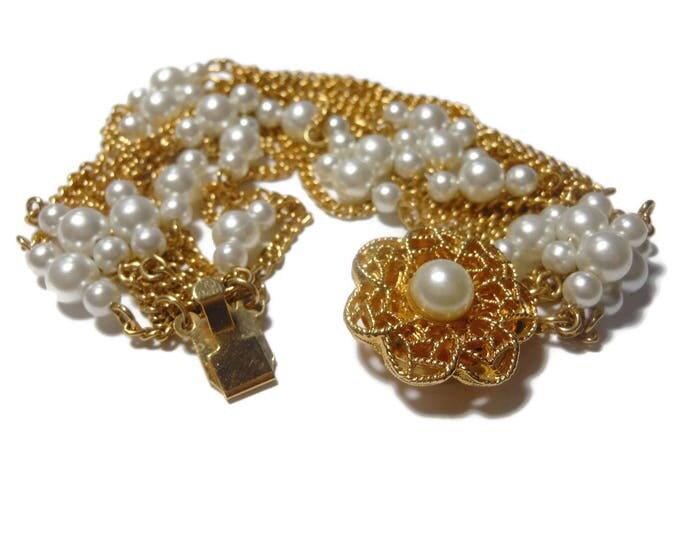 FREE SHIPPING Multi strand pearl bracelet, faux pearl and gold chain bracelet, decorative box clasp center, 11 strand