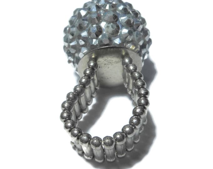 Funky stretch ring, faux marcasite ball, stretch band, silver tone, fun kooky odd conversation starter, cosmic 70s adjustable