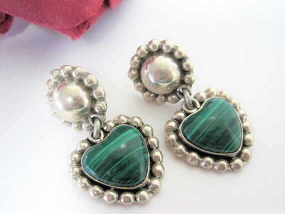 Sterling Heart Earrings - Malachite Genuine Stone - Heart Shaped Dangles -
