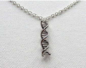 Silver DNA Necklace Science Jewelry Double Helix DNA Strand Molecule Scientist Gift Biology