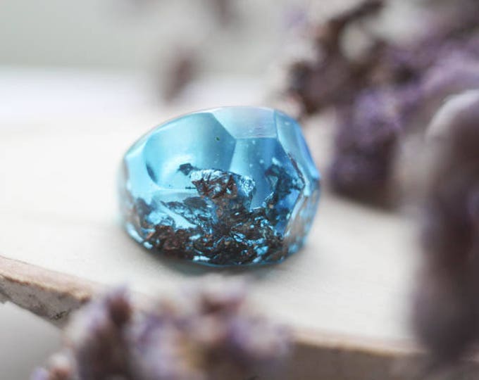 Denim Resin Ring with copper flakes, Geometric Resin ring, Faceted Resin ring, Anniversary Ring, Engagement Ring, Valentine's Day Gift