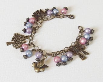 Bracelet Romantique Shabby Chic - Joie Rose - Gourmette Métal Bronze vieilli, Breloques, Perles Magiques - Bijoux créateur, pièce unique