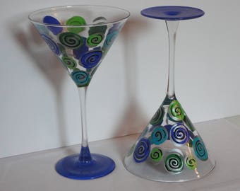 Hand Painted Martini Glasses in Blue, Green, and Silver