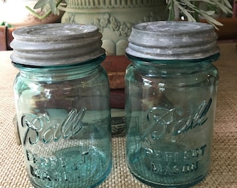 Set if 2 Ball Perfect Mason pint Jars Blue Canning Jars with Zinc and Milk Glass Lids