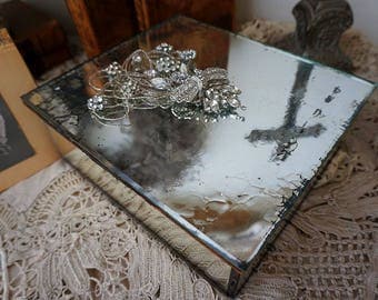 Antique mirrored jewelry box with metal French farmhouse ornate rhinestone design distressed glass keepsake home decor anita spero design