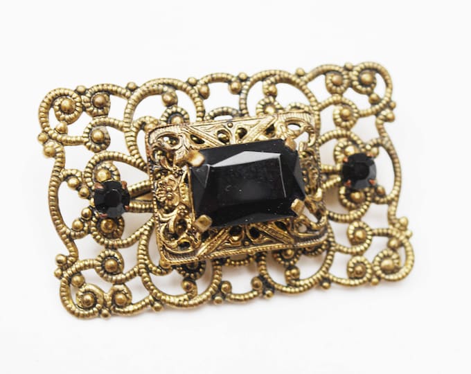 Black Glass Brass Brooch - rectangle gold filigree - mourning pin